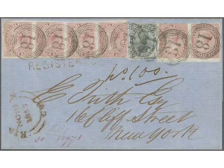 Â½ d. deep rose, horizontal strip of 4 and horizontal pair with 6 d. slate-violet, one stamp of the pair just cut-into the ou