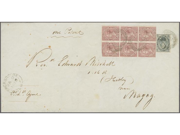 ½ d. rose, vertical block of 6, slightly cut-into at upper left and outer frame line at bottom, together with 6 d. slate-grey