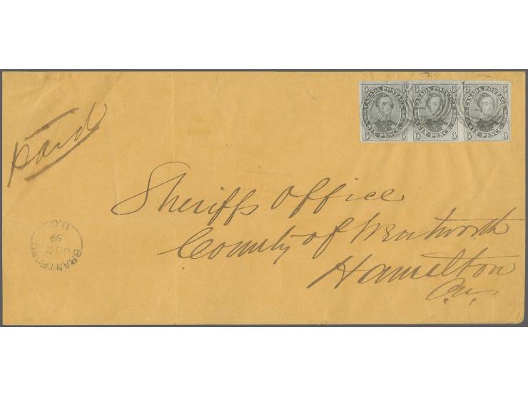 6 d. grey-lilac in horizontal strip of 3, nice colour and clear to large margins all around, tied by numeral "5" to large siz