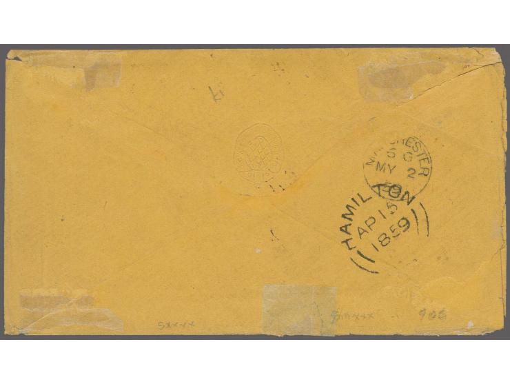1857, horizontally ribbed paper: Â½ d. deep rose, 2 copies with wove paper 3 d. red and 6 d. greenish grey, partly slightly t