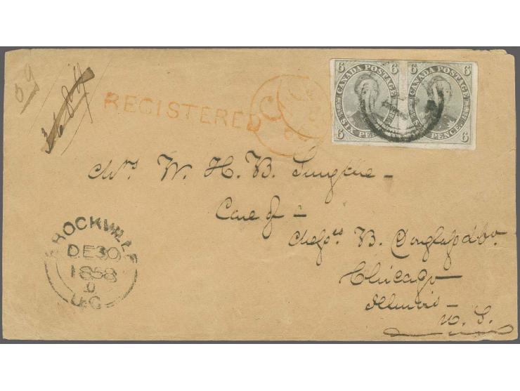 6 d. reddish-purple in horizontal pair with clear to large margins, with central numeral "51" and tied by orange "PAIDÂ 3 d."