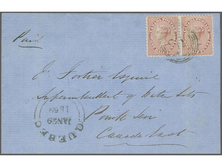 1858/59, perforated 11 Â¾: Â½ d. deep rose, horizontal pair tied by numeral "37" with adjacent clear "QUEBEC JANÂ 29 1859" to