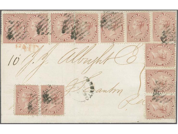 Â½ d. deep rose, strip of 4, strip of 3, pair and 3 singles, tied by square grid to entire letter (part-printed bank balance)