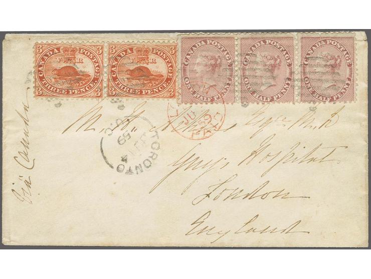 Â½ d. rose in horizontal strip of 3 (pos. 98-100, the latter one with major re-entry) together with horizontal pair 3 d. red,