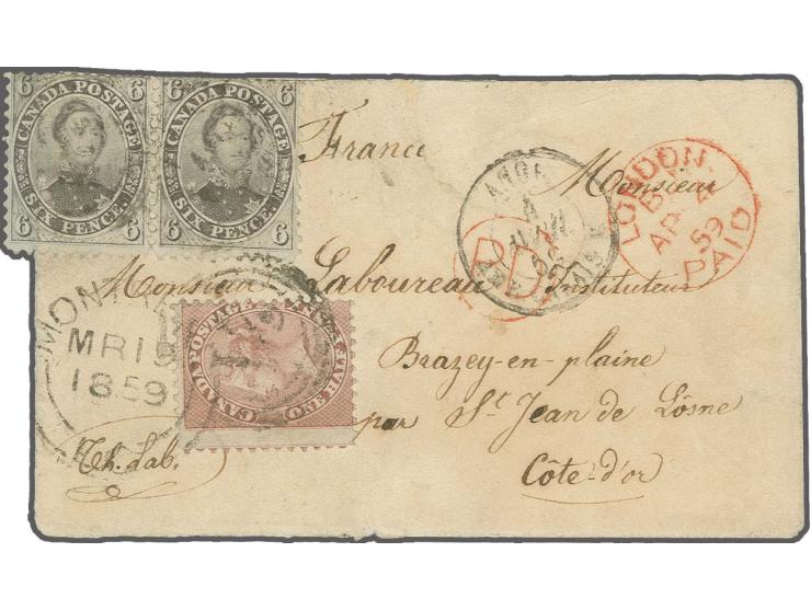 Â½ d.Â  deep rose and horizontal pair 6 d. brownish grey, tied by numeral "21" to small size envelope with adjacent "MONTREAL