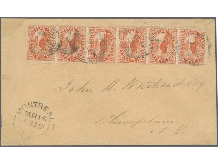 3 d. red in horizontal strip of 6, the top stamp with scissor cut at top, otherwise well perforated and nice colour, tied by 