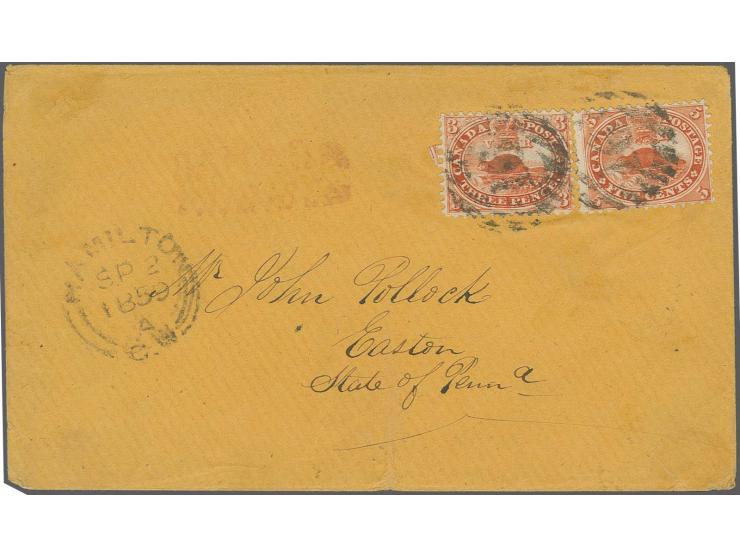 3 d. red, pos. A47 with major re-entry in combination with 1859, 5 c. red, both tied by good strike of circular grid "16" to 