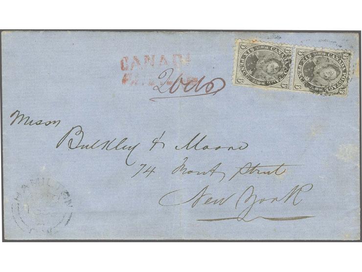 6 d. slate-violet, vertical pair with good colour and perforation, tied to lettersheet with adjacent "HAMILTONÂ APÂ 19 1859" 