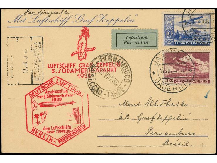 TSCHCHOSLOWAKEI: 1933, 5. Südamerikafahrt, R-Karte von Jauernig mit Anschlußflug Berlin nach Pernambuco mit Ankunftsstempel, 
