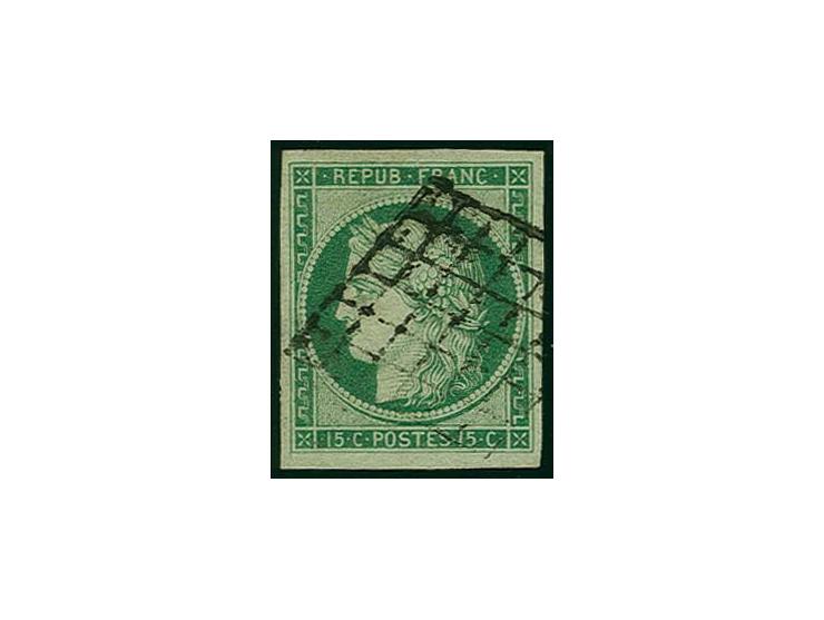 15 c. green with good to wide margins, central black grid, very fine, signed Calves and Brun (Mi. 1.200,-)