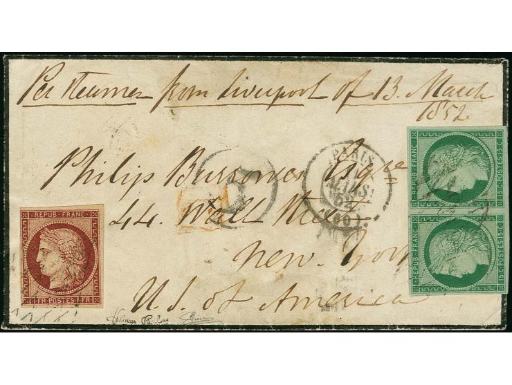 15 c. green in horizontal pair with good to large margins, together with 1 fr. red, just touched at upper left, otherwise cle