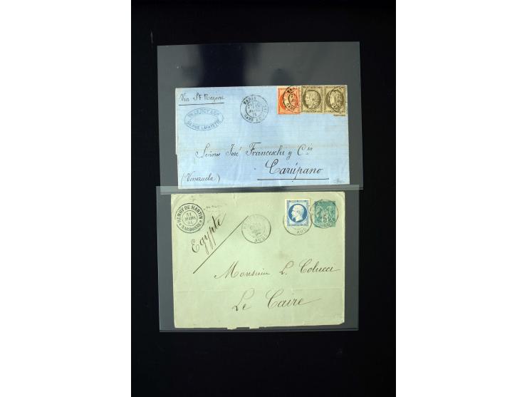 1849/1900 (ca.), 32 Briefe und Karten, alle ins Ausland gelaufen, dabei Ceres 15 C. im Paar mit 1 Fr. auf Brief in die USA (A