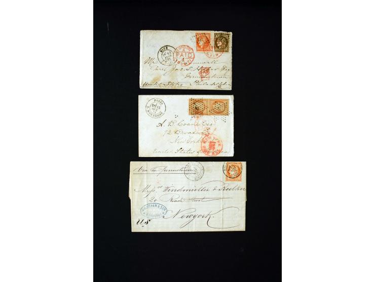 1849/1900 (ca.), 32 Briefe und Karten, alle ins Ausland gelaufen, dabei Ceres 15 C. im Paar mit 1 Fr. auf Brief in die USA (A