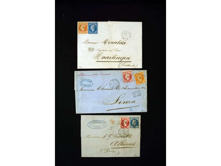 1849/1900 (ca.), 32 Briefe und Karten, alle ins Ausland gelaufen, dabei Ceres 15 C. im Paar mit 1 Fr. auf Brief in die USA (A