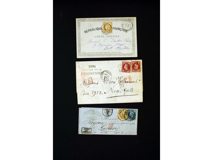 1849/1900 (ca.), 32 Briefe und Karten, alle ins Ausland gelaufen, dabei Ceres 15 C. im Paar mit 1 Fr. auf Brief in die USA (A