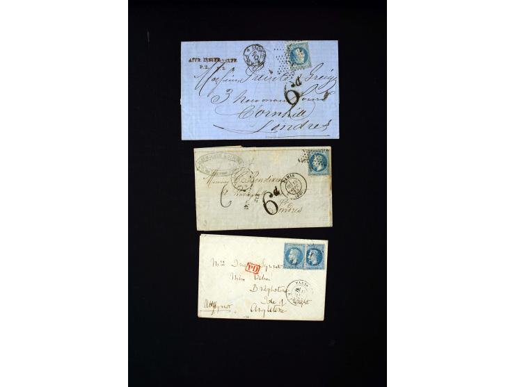 1849/1900 (ca.), 32 Briefe und Karten, alle ins Ausland gelaufen, dabei Ceres 15 C. im Paar mit 1 Fr. auf Brief in die USA (A