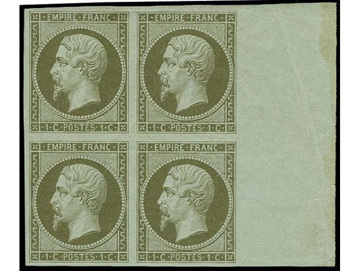 1853, Napoléon imperforated 1 c. olive on bluish, block of 4 from the right sheet margin, unused o.g., very fine and fresh