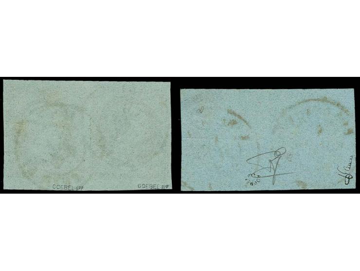1 c. olive, 2 horizontal pairs with good to very wide margins, used with black resp. red cds., very fine, signed Goebel BPP r