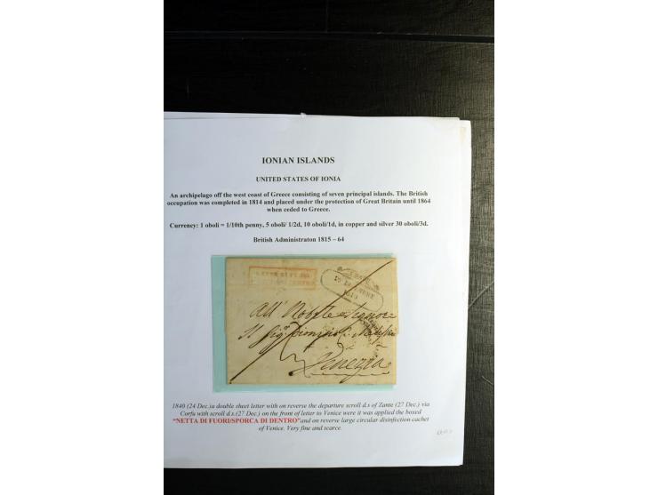IONISCHE INSELN: 1810/73, kleine Sammlung von 5 Briefen, ausstellungsmäßig aufgezogen, dabei Cholera-Brief und Griechenland D