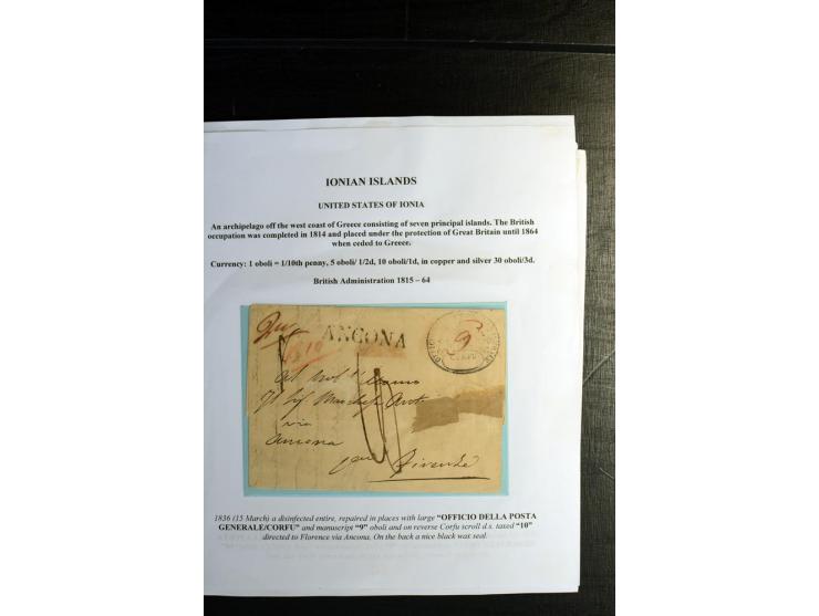 IONISCHE INSELN: 1810/73, kleine Sammlung von 5 Briefen, ausstellungsmäßig aufgezogen, dabei Cholera-Brief und Griechenland D