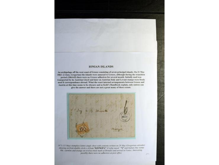 IONISCHE INSELN: 1810/73, kleine Sammlung von 5 Briefen, ausstellungsmäßig aufgezogen, dabei Cholera-Brief und Griechenland D