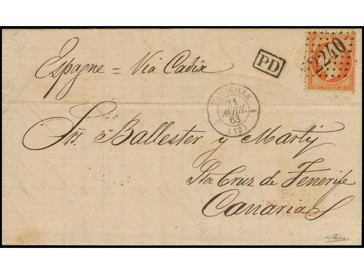 40 c. orange, tied by clear GC "2240" to entire letter from "MARSEILLE 21 AVRIL 63" to Santa Cruz de Tenerifa on the Canary I