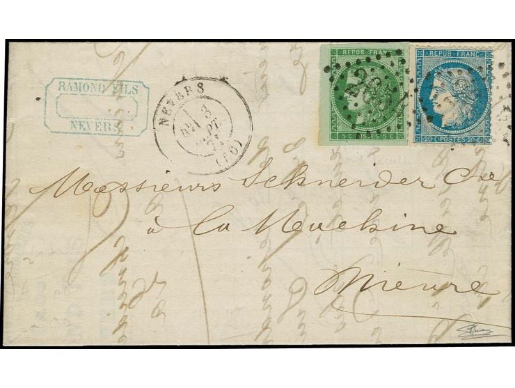 1870, Bordeaux 5 c. green with large margins, together with Ceres 20 c. tied to entire letter, very fine, signed Goebel