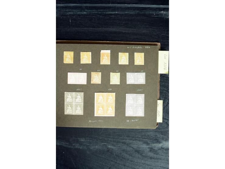 1854/59, Strubel-Ausgaben, alte Sammlung von insgesamt 55 Probedrucken mit und ohne Seitenfaden, dabei 5 Paare, ein 3er-Strei
