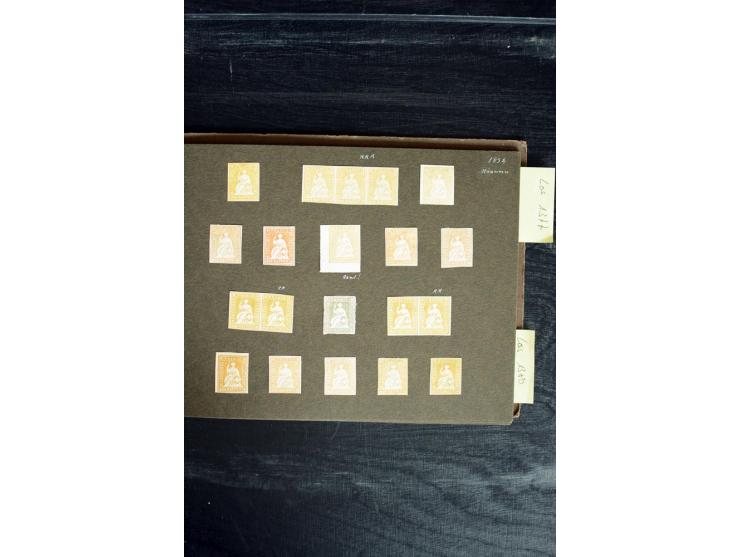 1854/59, Strubel-Ausgaben, alte Sammlung von insgesamt 55 Probedrucken mit und ohne Seitenfaden, dabei 5 Paare, ein 3er-Strei