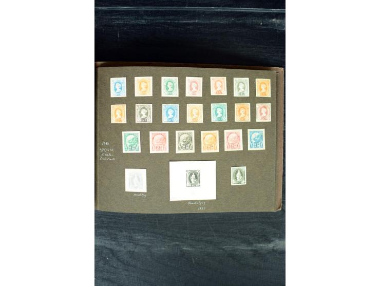 1882/1900, kleine Partie Probedrucke, Essays etc. auf 2 alten Albenseiten, insgesamt 45 Werte, teils in Einheiten, dabei auch