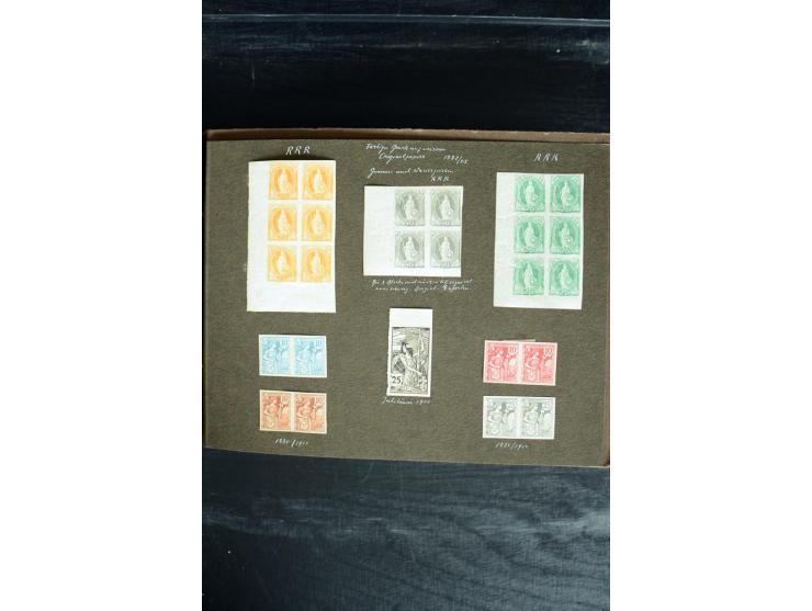 1882/1900, kleine Partie Probedrucke, Essays etc. auf 2 alten Albenseiten, insgesamt 45 Werte, teils in Einheiten, dabei auch