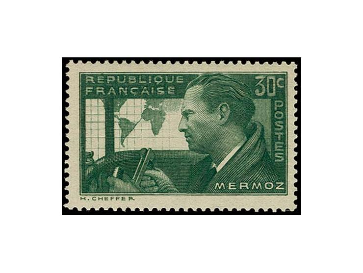 1937, Mermoz 30 c. yellow-green, unused with original gum, only tiny gum disturbances; a very fine copy of this rare stamp, p