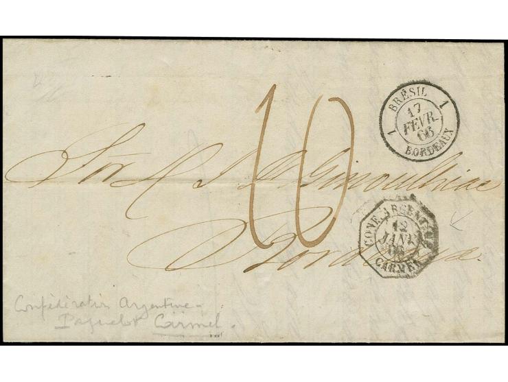 "CONF. ARGENTINE CARMEL 12 JANV. 66" and adjacent cds. "BRESIL BORDEAUX" on entire letter from Buenos Aires to Bordeaux, fine