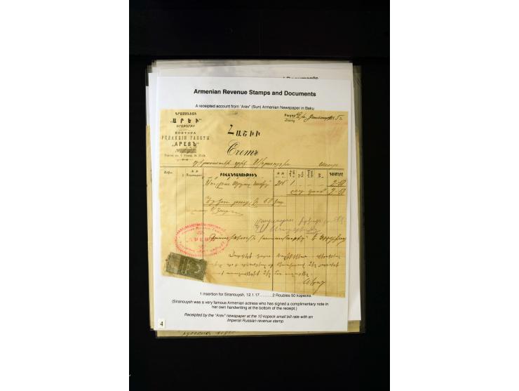 1870s/1923 (ca.), The Dr R J Ceresa Exhibit collection of Armenian Fiscal stamps and documents, comprising over 30 documents 