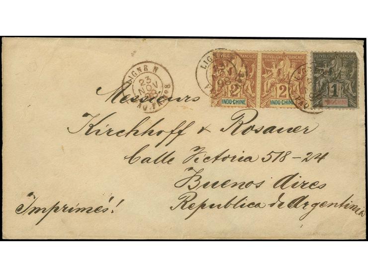 "LIGNE N PAQ. FR. No. 8 23 NOV 98", as cancellation on Indochine 1 c. and pair 2 c. with additional strike alongside on print