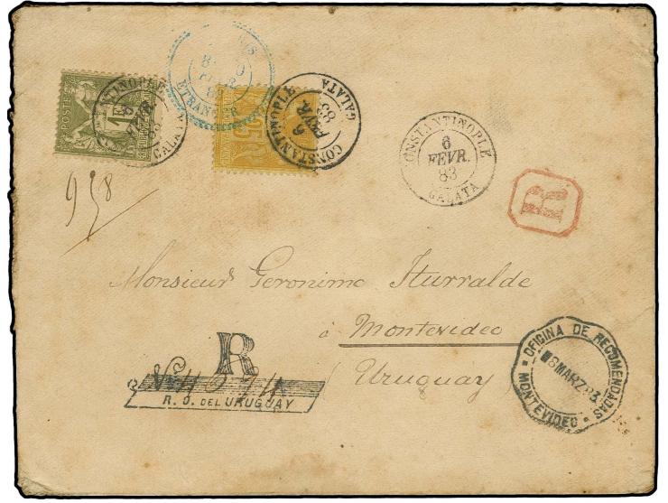1876, Allegory 1 fr. olive and 25 c. yellow-brown on yellow tied by cds. "CONSTANTINOPEL GALATA 6.FEVR.83" to registered cove