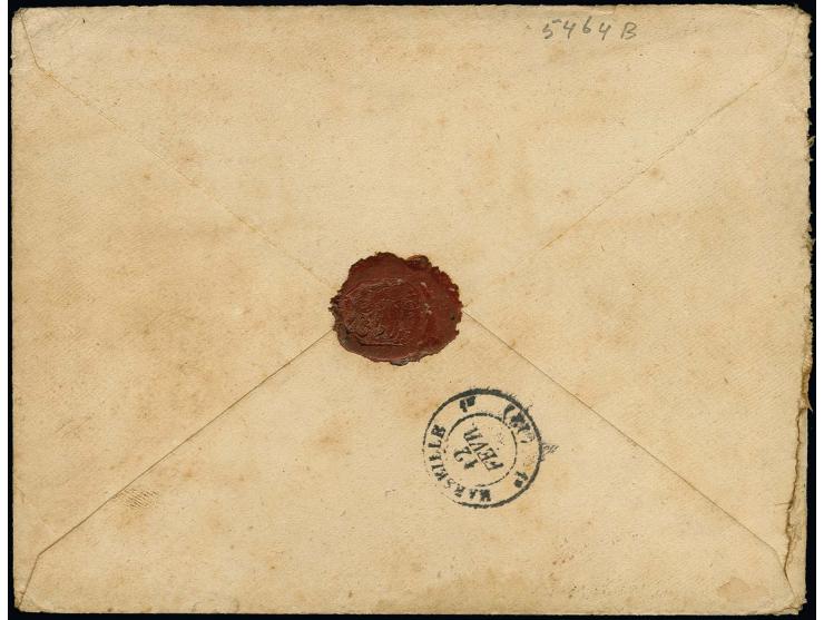1876, Allegory 1 fr. olive and 25 c. yellow-brown on yellow tied by cds. "CONSTANTINOPEL GALATA 6.FEVR.83" to registered cove