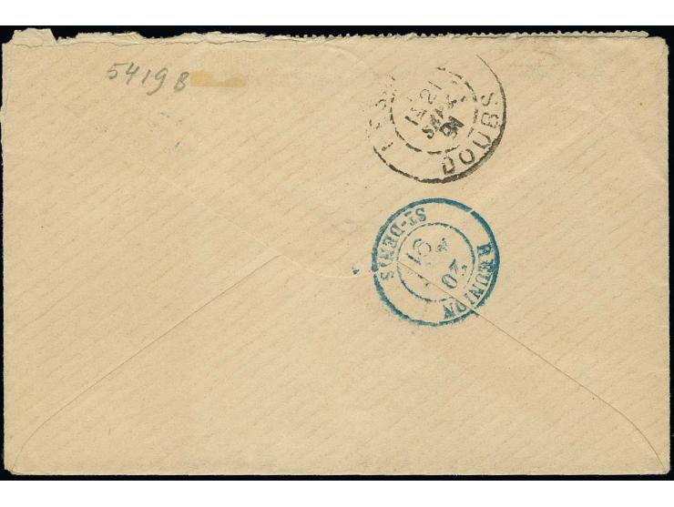 1891, Allegory 5 c. green, horizontal strip of 5, second stamp at right with "I" from REUNION missing, tied by blue cds. "SAI