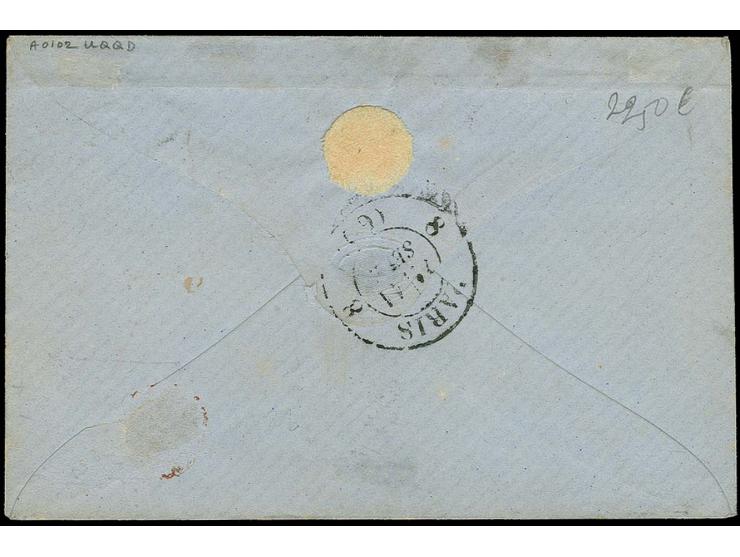 1863, General Colonies issue 10 c. brown and 40 c. orange, both with clear to mostly wide margins, used with blue dotted mark