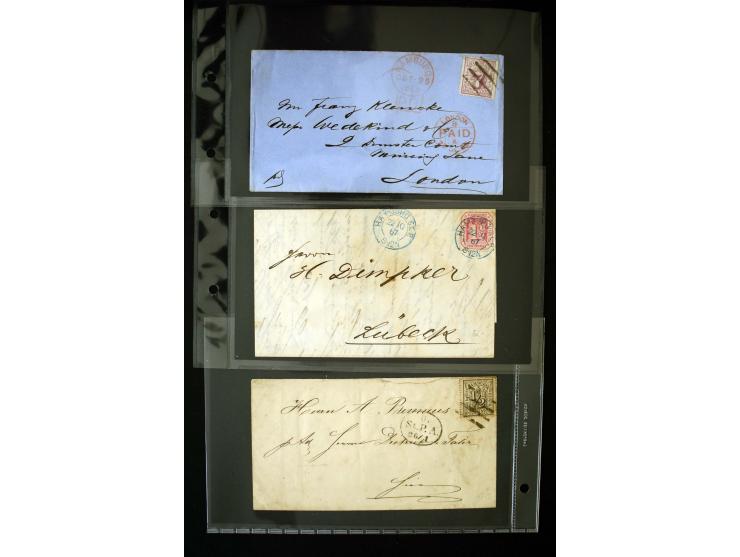 1864/1867, Partie mit 14 frankierten Briefen inkl. einiger Briefhüllen, dabei Mi.-Nr. 8 b im Paar (FA Lange BPP) und bessere 