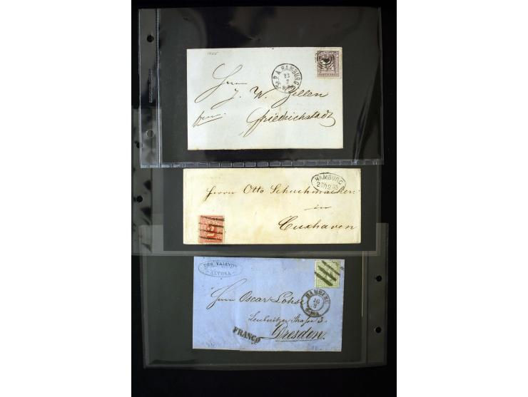 1864/1867, Partie mit 14 frankierten Briefen inkl. einiger Briefhüllen, dabei Mi.-Nr. 8 b im Paar (FA Lange BPP) und bessere 