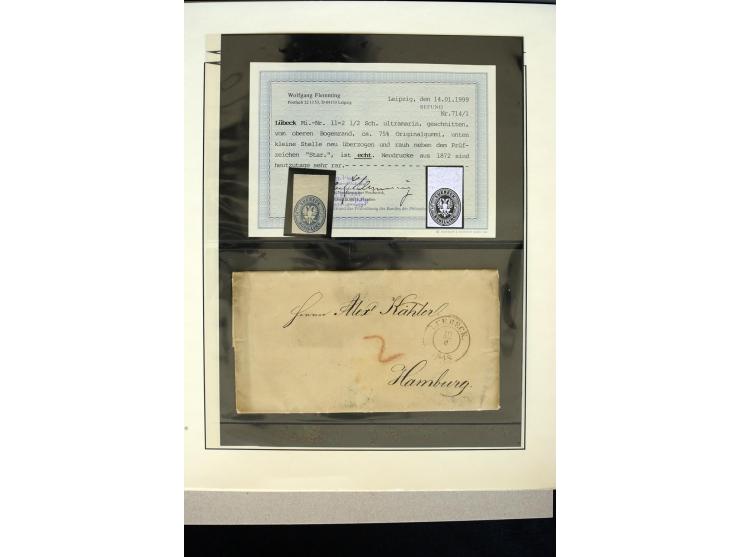 1859/65, ungebrauchte und gestempelte Sammlung mit u.a. Mi.-Nr. 1 und 2, 4er-Blocks, Randstücke mit Reihenzahlen, 5 markenlos