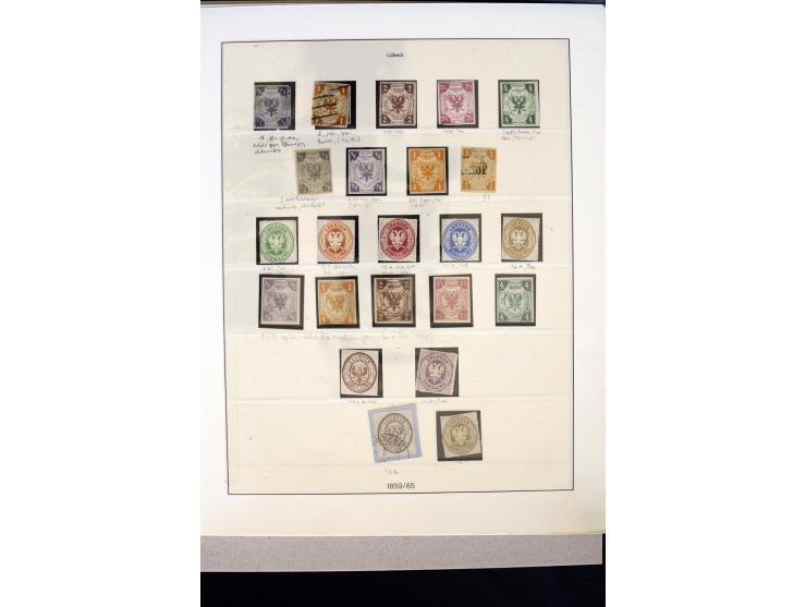 1859/65, ungebrauchte und gestempelte Sammlung mit u.a. Mi.-Nr. 1 und 2, 4er-Blocks, Randstücke mit Reihenzahlen, 5 markenlos