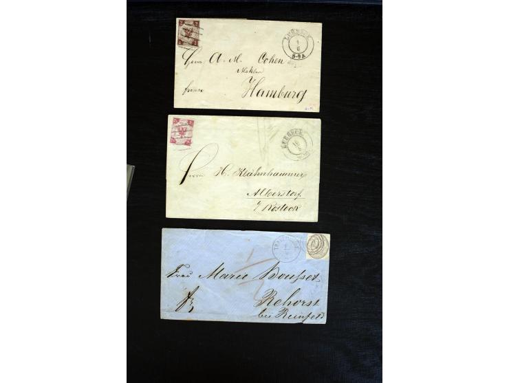 1859/64, Partie mit 5 verschiedenen Einzelfrankturen der Mi.-Nr. 3, 4 (FA Grobe und Attest Zumstein), 10A, 12 A und 13 b auf 