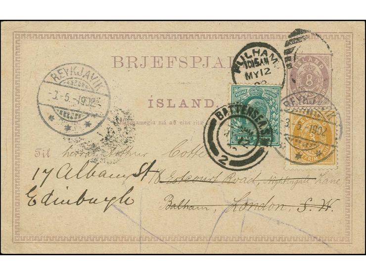 Postcard 8 a. with additonal franking 3 a. yellow from "REYKJAVIK  3.5.02" with text via Fulham to London and forwarded with 
