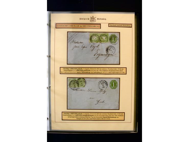 1862/74, Ganzsachen der Kreuzerzeit, aufgezugene Sammlung mit über 60 Belegen, meist mit Zufrankaturen, dabei 3 Einschreiben 