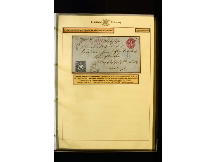 1862/74, Ganzsachen der Kreuzerzeit, aufgezugene Sammlung mit über 60 Belegen, meist mit Zufrankaturen, dabei 3 Einschreiben 