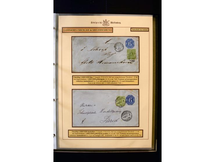 1862/74, Ganzsachen der Kreuzerzeit, aufgezugene Sammlung mit über 60 Belegen, meist mit Zufrankaturen, dabei 3 Einschreiben 