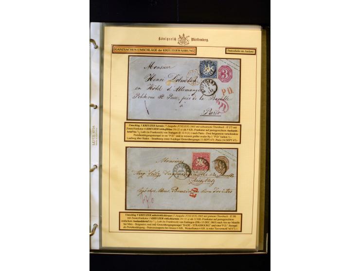 1862/74, Ganzsachen der Kreuzerzeit, aufgezugene Sammlung mit über 60 Belegen, meist mit Zufrankaturen, dabei 3 Einschreiben 