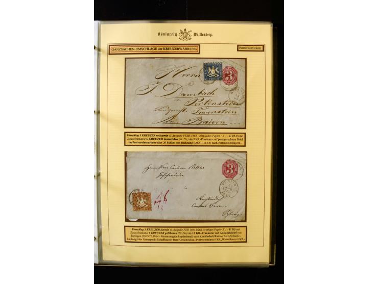 1862/74, Ganzsachen der Kreuzerzeit, aufgezugene Sammlung mit über 60 Belegen, meist mit Zufrankaturen, dabei 3 Einschreiben 